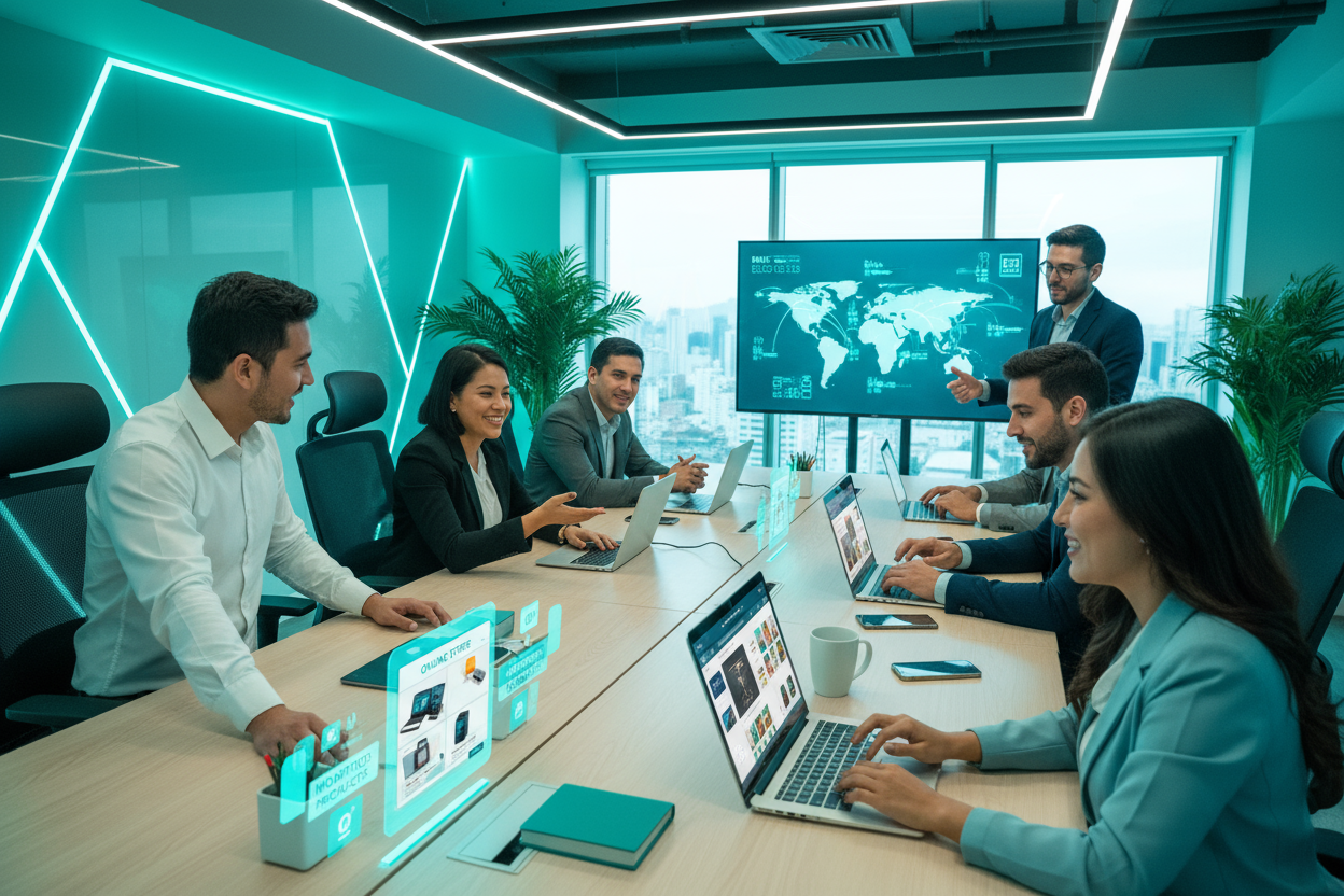 Un grupo de empresarios ecuatorianos trabajando en venta de productos importados con una tienda 100% online, color principal dominante es 1FC2C1